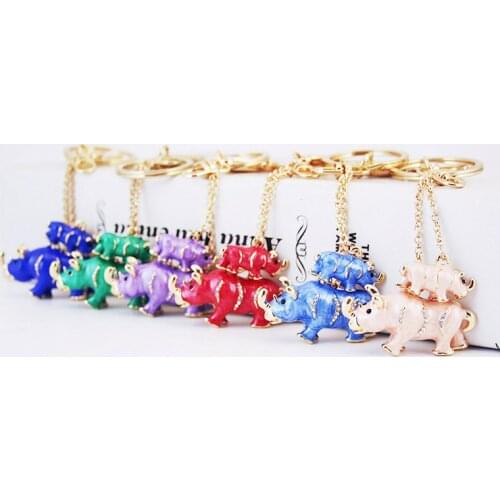 Rhinoceros Jewelry Colorful Blue Purple Love Keychain Animal Keyring Gift For Girls Handbag Chram Cool Key Holder Wholesale