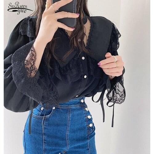 Women Shirts Fashion Tops Loose Blouse Cardigan Lace Stitching Lantern Long Sleeve 2021 Autumn New Black Shirt Clothes 15245