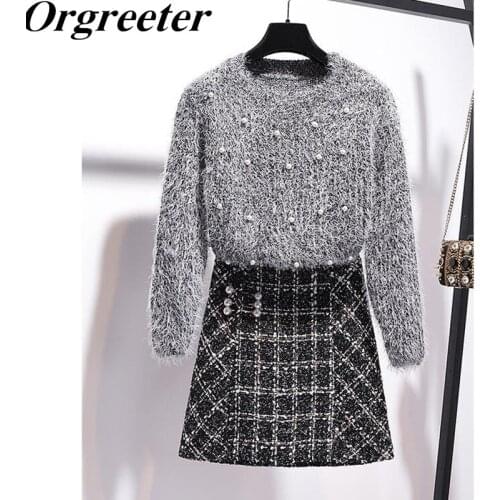 2019 Autumn Spring New Fashion Sweater Two Piece Set Women Soft Beaded Knitted Pullover Tops and A-line Plaid Tweed Skirt Sets