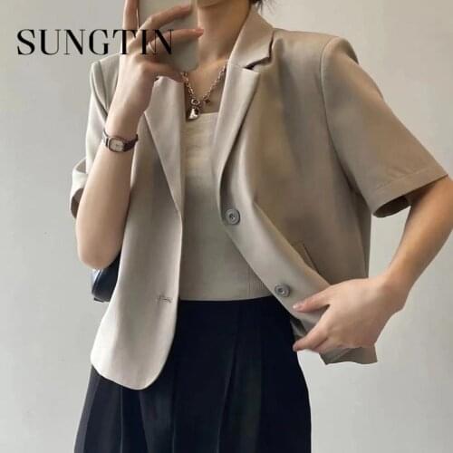 Sungtin Vintage Cropped Blazer Coat Women 2021 Fashion Short Sleeve Casual Korean Blazer Summer Spring Female Outerwear Tops
