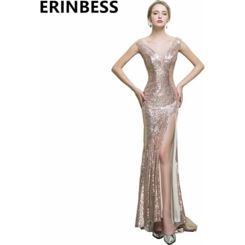 Vestido De Festa Sexy V Neck Cap Sleeve Sequined Champagne Evening Dresses Robe De Soiree High Slit Women Formal Gowns