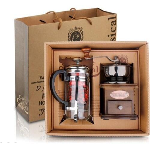A,1PC Free Shipping Nice Eco Coffee Accessories Gift Box coffee grinder+350ML French press Coffee Plunger Set for Family Gift