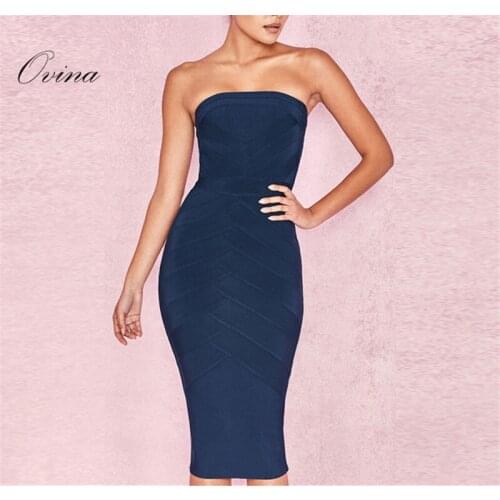 Black Blue Solid Celebrity Strapless Sleeveless Mid Claf Rayon Bandage Dress Night Party Dress