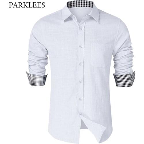 White Shirts Men 2020 Autumn Long Sleeve Shirts Business Work Mens Dress Shirt Inner Neck Plaid Casual Button Up Slim Camisas