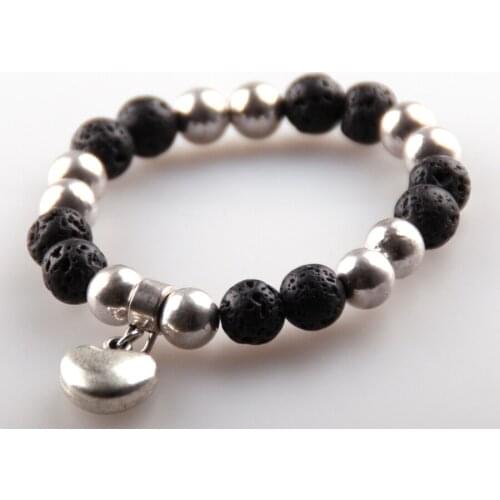 Free Shipping Fashion natual semi precious stone Lava bracelet with heart charm metal women or men Bracelet