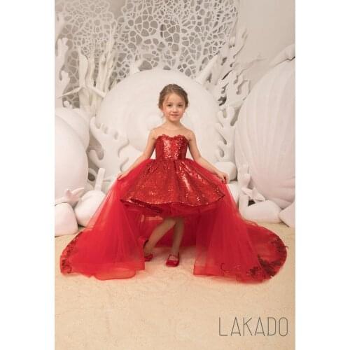 Sparkle Sequins Girls Pageant Dresses Detachable Tulle Train Hi Lo Kids Christmas Birthday Party Dress with Bows 3 -14 Years