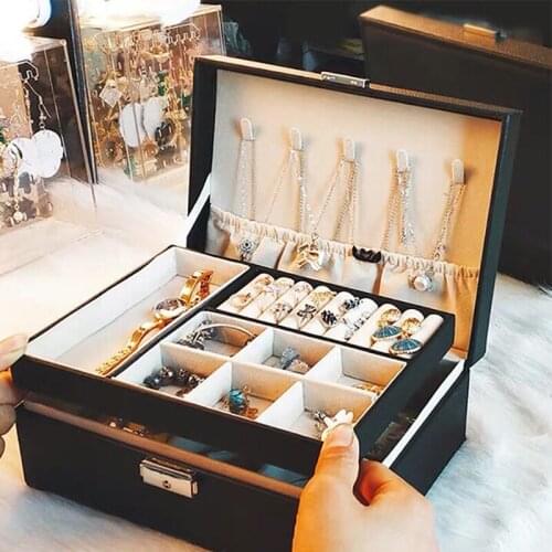 Large Double Layer Jewelry Organizer With Lock Earring Pendant Necklace Storage Box PU Leather Watch Women Girls Cosmetics Case