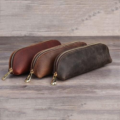 Vintage Genuine Leather Pencil Bag Portable Zipper Cowhide Pencil Case Business Pen Storage Bag School Office Accessories