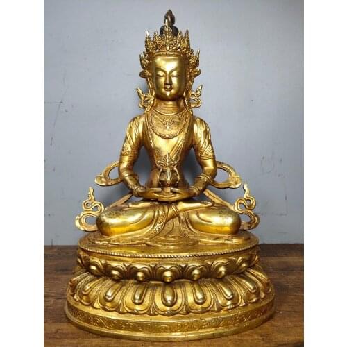 Home Decor 13" Tibet Buddhism Temple Old Bronze Gilt Longevity Buddha Statue Statue of saint immensity King of Light Tathagata