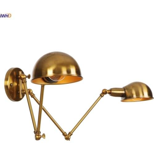 IWHD RH 2 Heads Gold Long Arm Wall Lamp Beside Bedroom Stair Loft Decor Retro Industrial Wall Light Fixture Aplique Pared LED