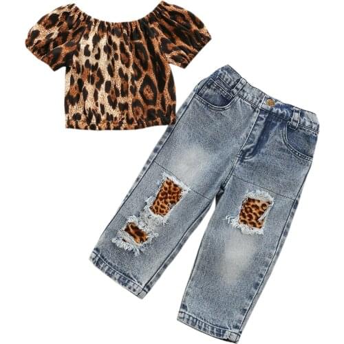 Citgeett Summer Kids Baby Girls Suit Set Leopard Print Short Sleeve Tops+ Ripped Jeans Denim Pants Set 0-6Years