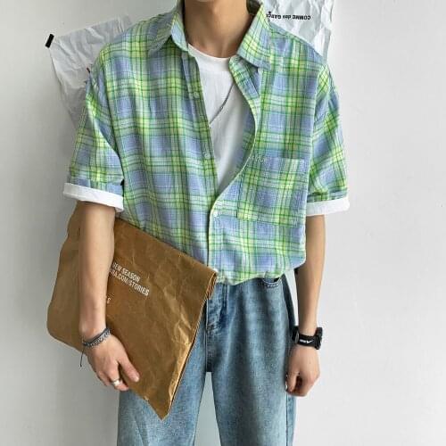 2020 Mens Loose Short Sleeve Hawaiian Lattice Printing Shirt Camisa Masculina French Cuff Mens Fashion Clothes Shirts M-2XL