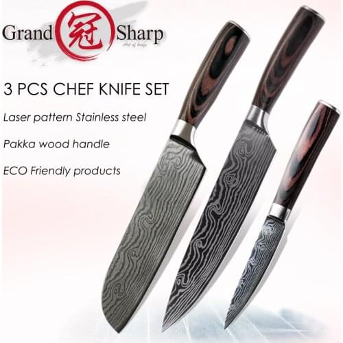 3 Pcs Chef Knife Set Kitchen Knives Damascus Pattern Stainless Steel Paring Santoku Nakiri Cleaver Cooking Slicing Tools Cutlery
