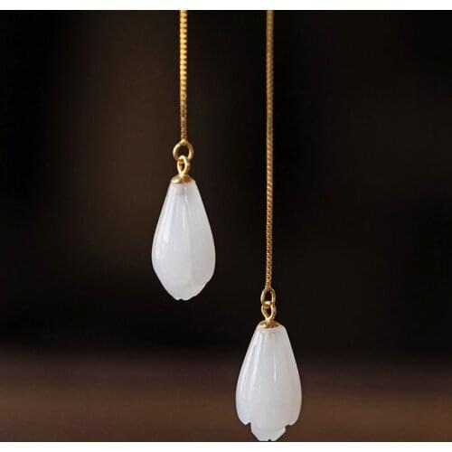 Natural Hotan jade long style Magnolia ear line Chinese style retro small luxury exquisite womens Christmas Halloween Gift