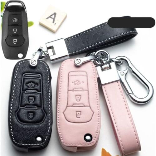 Leather New Car Key Case Shell Cover for Ford Focus 2 Mk2 Mk3 Kuga Ranger Fiesta C Max S Mondeo Auto Accessories Keychain Ring