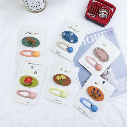 New kids handmade fabric cover art embroidery flower oval hair snap clip accessories