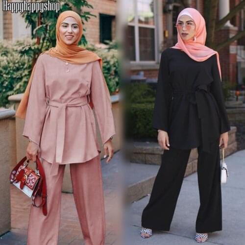 Pure Color Abaya Sets For Muslim Women Islamic Clothing Spring Blouse and Wide Leg Pants Turkish Loose Casual Kaftan with Belt