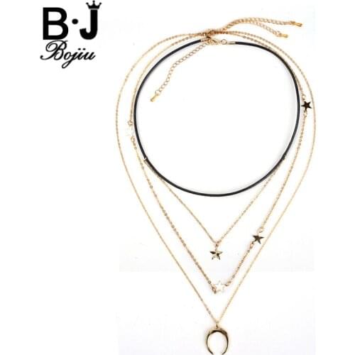 Bojiu Moon Star Pendant Necklace Copper Gold-color Leather Long Cable Chain Necklaces Simple Festival Gifts New Jewelry NKS119