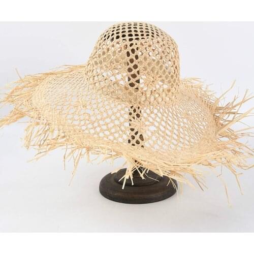 2021 Hand-Woven Hollow Raffia Hat Female Wide Brim Beach Hats Outdoor Vacation Sun Hat Take Pictures Straw Hat Holiday Gift