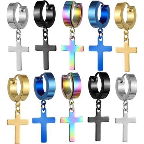 1 Piece Punk Earrings Non-Piercing Stainless Steel Cross Clip on Men Women Dangle Hoop