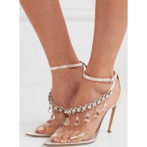 Sestito 2018 Gilrs Shinning Rhinestone Embellished Transparent Leather Pointed Toe Dress Wedding Shoes Woman Ankle Strap Pumps