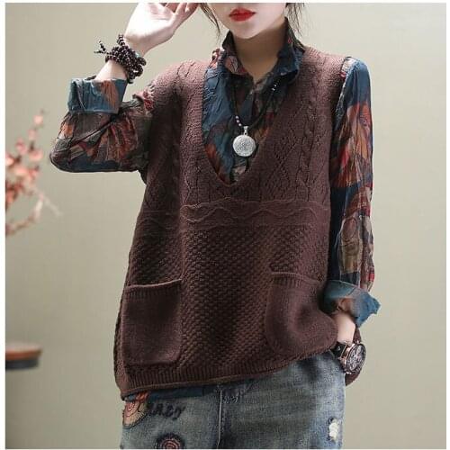 Loose Retro Sweater Vest Female V-neck Thin Pullover Sleeveless Pocket Knitted Sweater Women Spring chaleco punto 2020