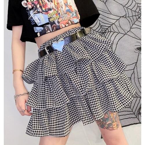 Japanese Cute Sweet Plaid Cake Skirt High Waist Kawaii Fashion Mini Streetwear Harajuku Hot Girls Summer Short Skirts With Belt