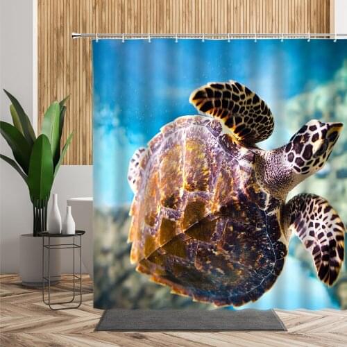 3D Turtle Shower Curtain Blue Underwater World Marine Animal Bathroom Curtains Set Waterproof Polyester With Hooks Washable