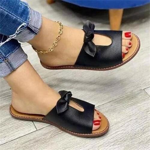 2021 New Womens Shoes Fashion Casual Solid Color PU Bowknot Hollow Round Head Flat Heel Comfortable All-match Sandals 35-43