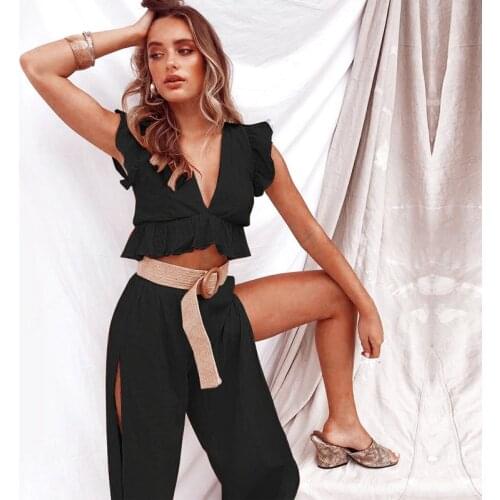 Womens Holiday Set Simple Retro Fashion French Classical Black Jumpsuit V-Neck CropTops Versatile Collocation Flare Pants Pairs