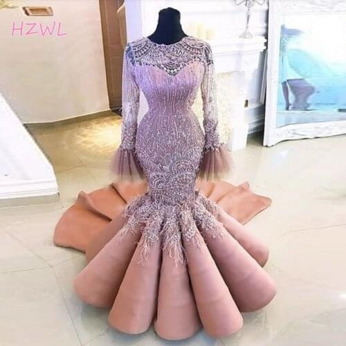 Dusty Pink Beading Mermaid Prom Dresses Saudi Arabia Sheer Long Sleeves Lace And Satin Evening Gowns Dubai Robe De Soiree