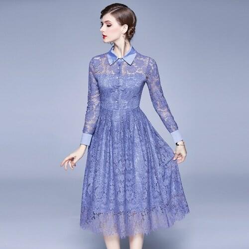 2021 Spring Autumn Women Casual Slim Lace Dress New Fashion Long Sleeve Flowers A-Line Elegant Office Lady Blue Big Swing Dress