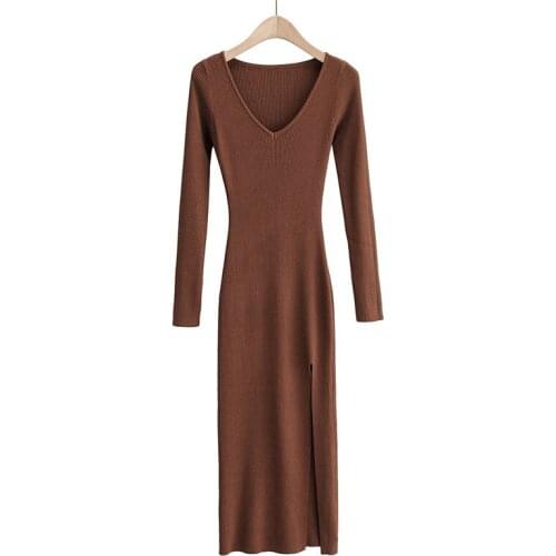 Spring and autumn new solid color V-neck knitted long-sleeved thin split dress women, sexy tight-fitting mid-length dress women