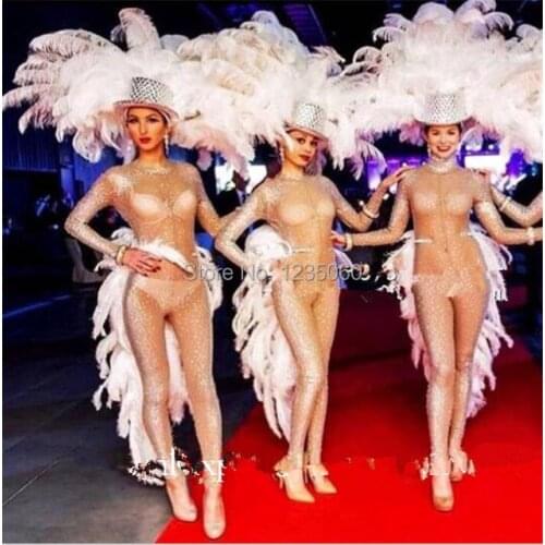 White Feathers Exaggerated Samba Dance Stage Clothes Event Feather Headdress Catwalk Model Show Nightclub Bar Body Suit Costume