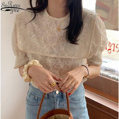 2021 Loose High Quality Elegant Top Gentle Half Sleeve Sweet Girl Shirt Solid Square Large Embroidery Lace Cute Lady Blouse 9955