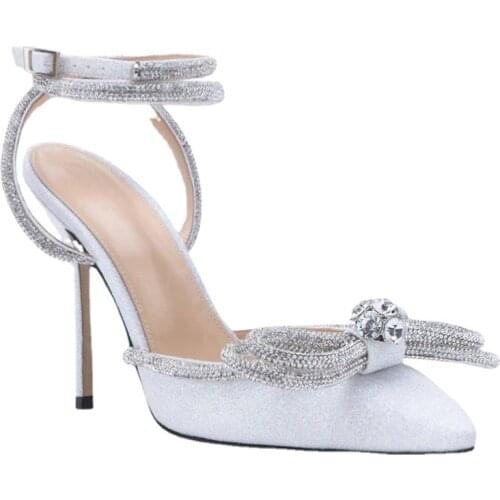 2021 New Rhinestone Butterfly-knot Sandals Fine Heel Sandals Women Crystal Fairy Wind Pink Bow Tie With Diamond High Heels 35-42