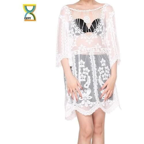 CGYY 2021 Crochet White Knitted Beach Cover Up Dress Tunic Long Summer Pareos Bikinis Swimwear Sexy Lace Beachwear