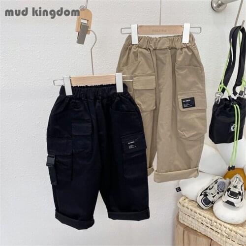 Mudkingdom Boy Overalls Casual Solid Loose Fit Cargo Pocket Pull On Pants Kids Clothing for Toddler Spring Autumn Boys Trousers
