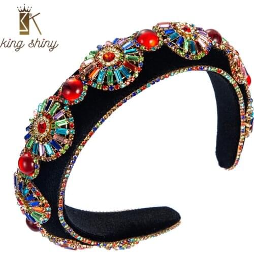 King Shiny Elegant Baroque Multi Color Rhinestone Headband Luxury Diamond Crystal Beaded Hairband Girl Party Jewelry Tiara Bezel