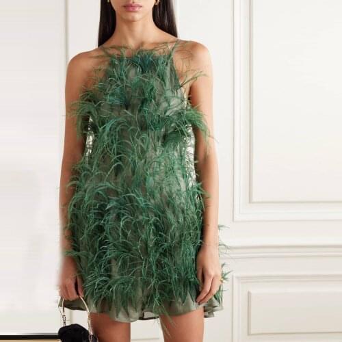 Fashion Sexy Green Women Dress Spaghetti Strap Tulle Ruffles Mini Dresses Feathers Women Summer Dress Custom Made Plus Size