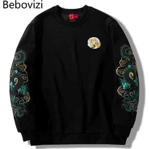 Bebovizi Chinese Green Dragon Embroidery Fleece Hoodie Fashion Mens Streetwear Harajuku Pullover Casual Hooded Hoodie Japan Top