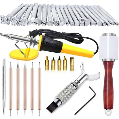 LMDZ Leather Carving Set - Leather Working Kit, Leather Stamp Tools ,wooden handlefor Beginer with Leather Burning Tool