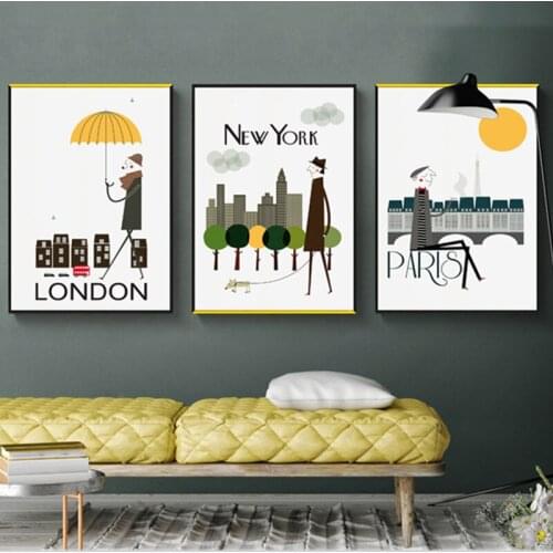 Nordic Cartoon City New York Wall Art Canvas Posters and Prints Modern Minimalist Painting Decorative Picture for Living Room