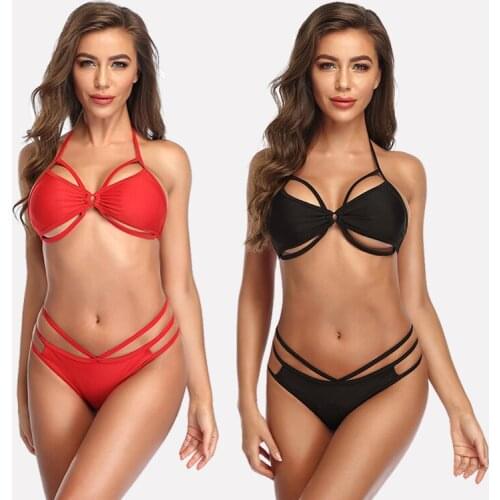 2021 New Ladies Solid Color Bikini Suit with Chest Lining Push-up Swimsuit Triangle Swimsuit Swimsuit Hollow Bikini
