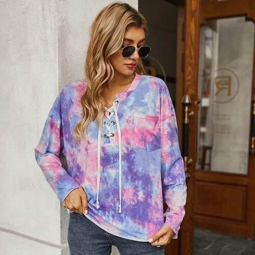 Autumn Tops For Women Fashion Tie Dye Print Long Sleeve Loose Tops Cross Bandage Baggy Casual Basic Tops Female Pullover Tee D30