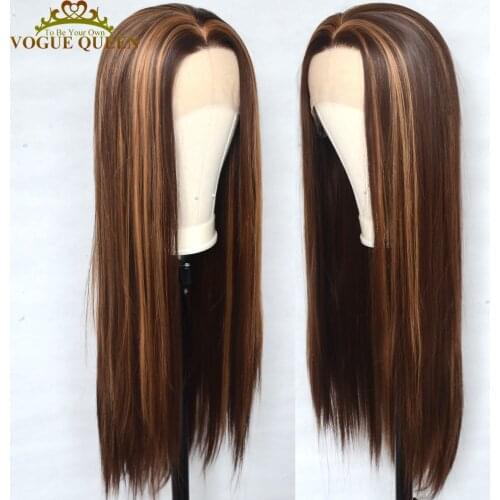 Vogue Queen Brown Highlight Blonde Synthetic Lace Front Wig Long Silky Straight Hair Heat Resistant Fiber Daily Wear For Women