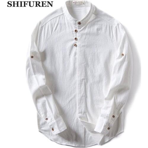 SHIFUREN New Autumn Spring Men Cotton Linen Shirts Long Sleeve Breathable Chinese Style Male Causal Dress Shirts Plus Size M-5XL