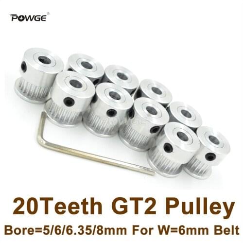 POWGE 10pcs 20 Teeth 2GT Timing Pulley Bore=5mm Fit Width=6mm 2GT Timing Belt 3D Printer Parts 20T 20Teeth GT2 Pulley