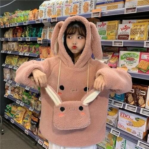 Deeptown Bunny Ears Hoodies for Teens Long Sleeve Cute Tops 2021 Korean Style Autumn Winter Kawaii Sweatshirt Women Soft Girl