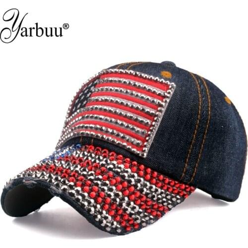 [YARBUU] 2020 New brand Baseball Cap American flag with diamond baseball caps Snapback Caps for Women Female Rhinestone cap